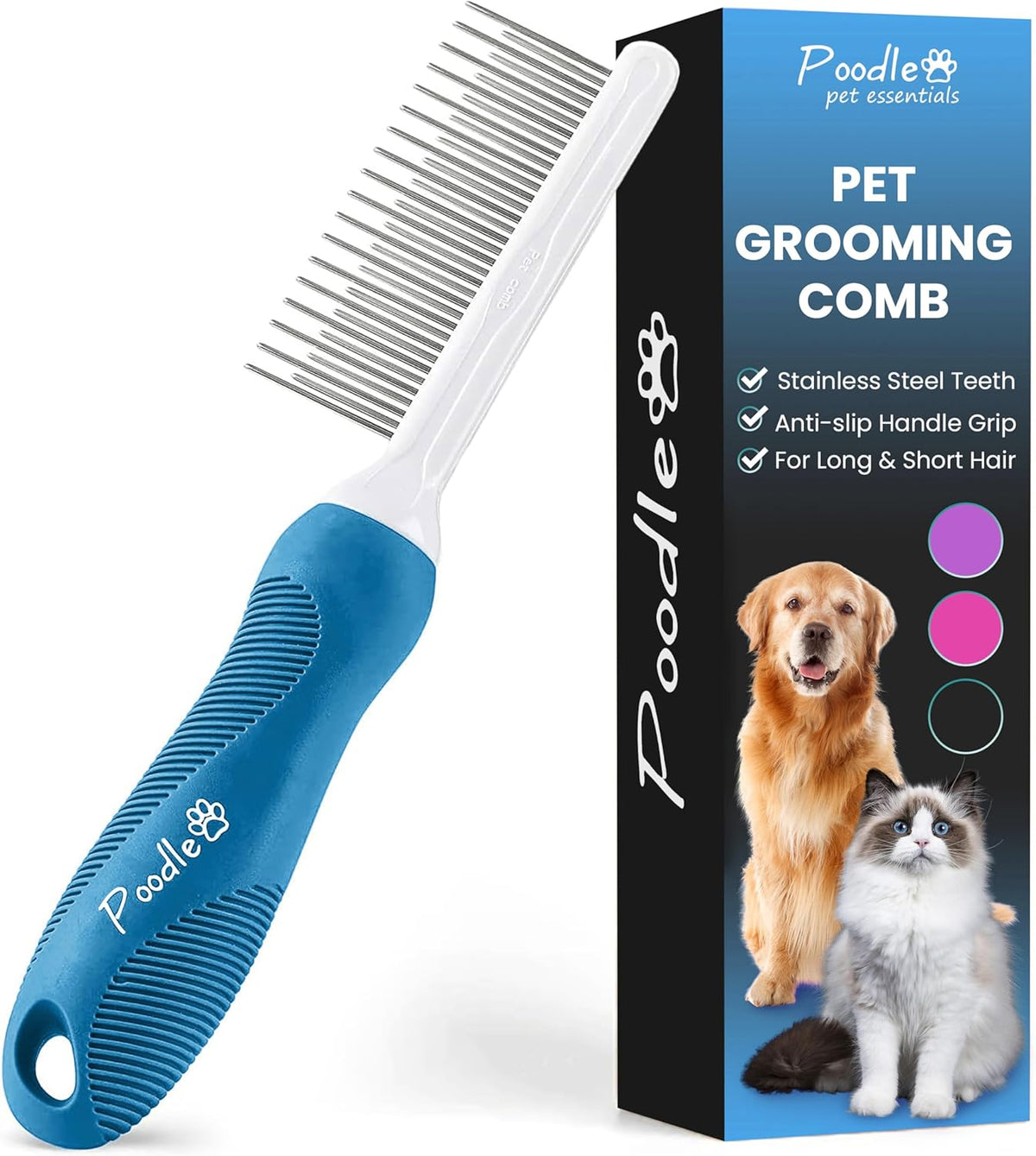 Poodle Pet Detangling Pet Comb with Long & Short Stainless Steel Teeth for Removing Matted Fur, Knots & Tangles - Detangler Tool Accessories for Safe & Gentle DIY Dog & Cat Grooming - Image 15
