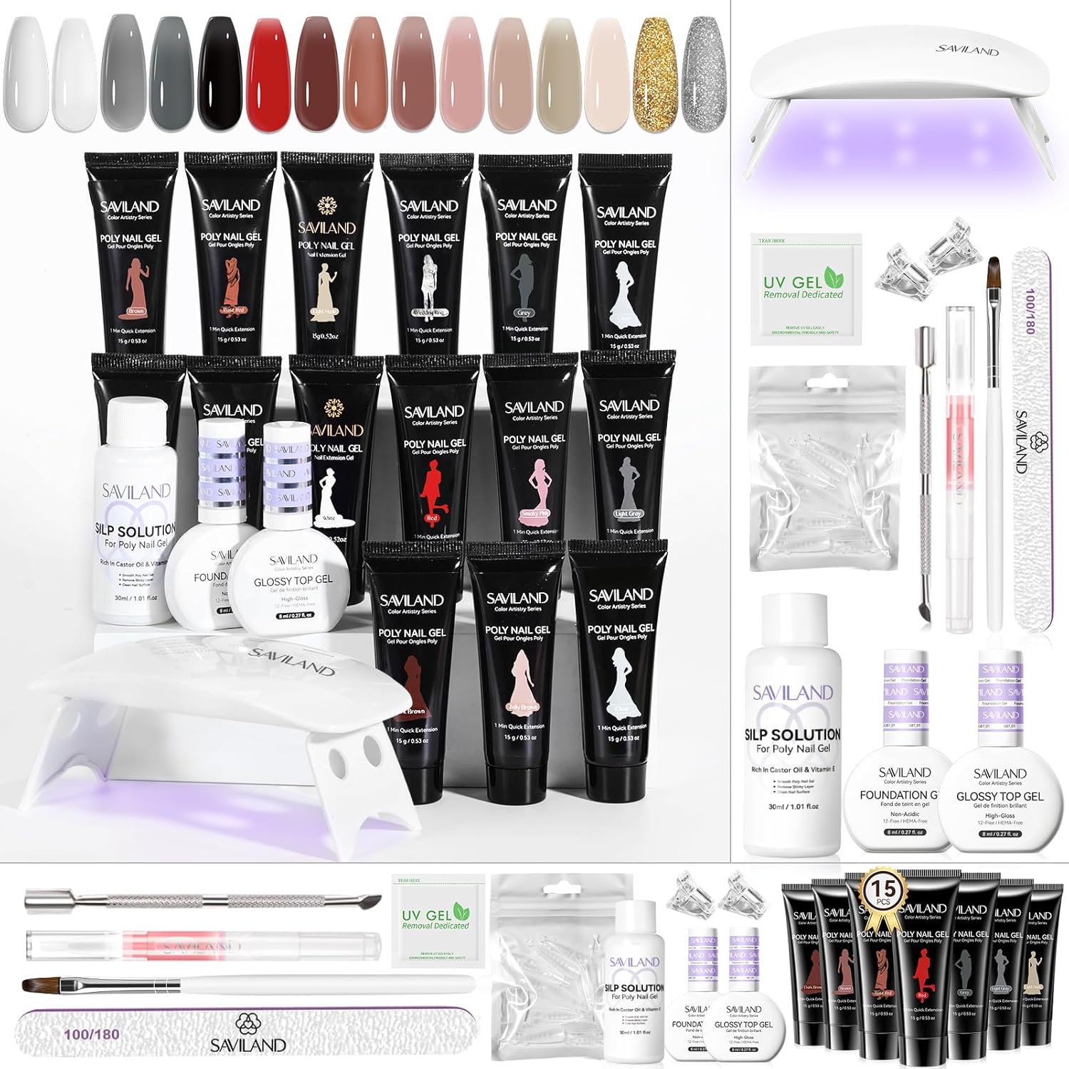 SAVILAND Poly Extension Gel Nail Kit:15 Colors Poly Nail Gel Natural Clear White Glitter Black Long Lasting with U V Light Slip Solution for Starter DIY Nail Art at Home Gifts for Ladies & Girls - Image 1