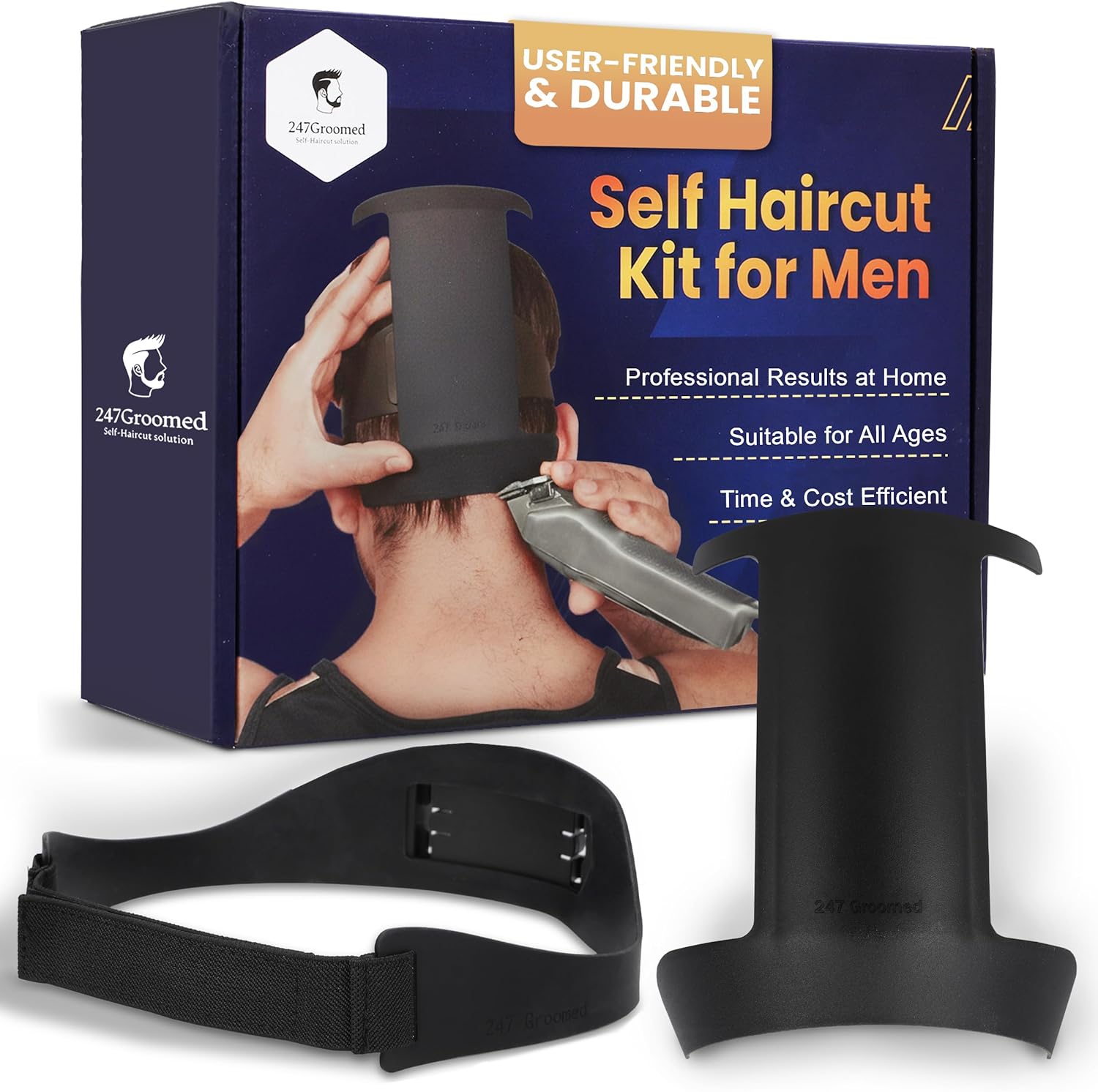 247 Groomed Self Haircut Kit front view showing the black silicone neckline template and adjustable fade guide band.