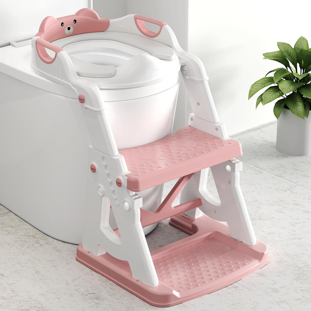 Vorykido potty training seat front view showing pink frame and ladder structure