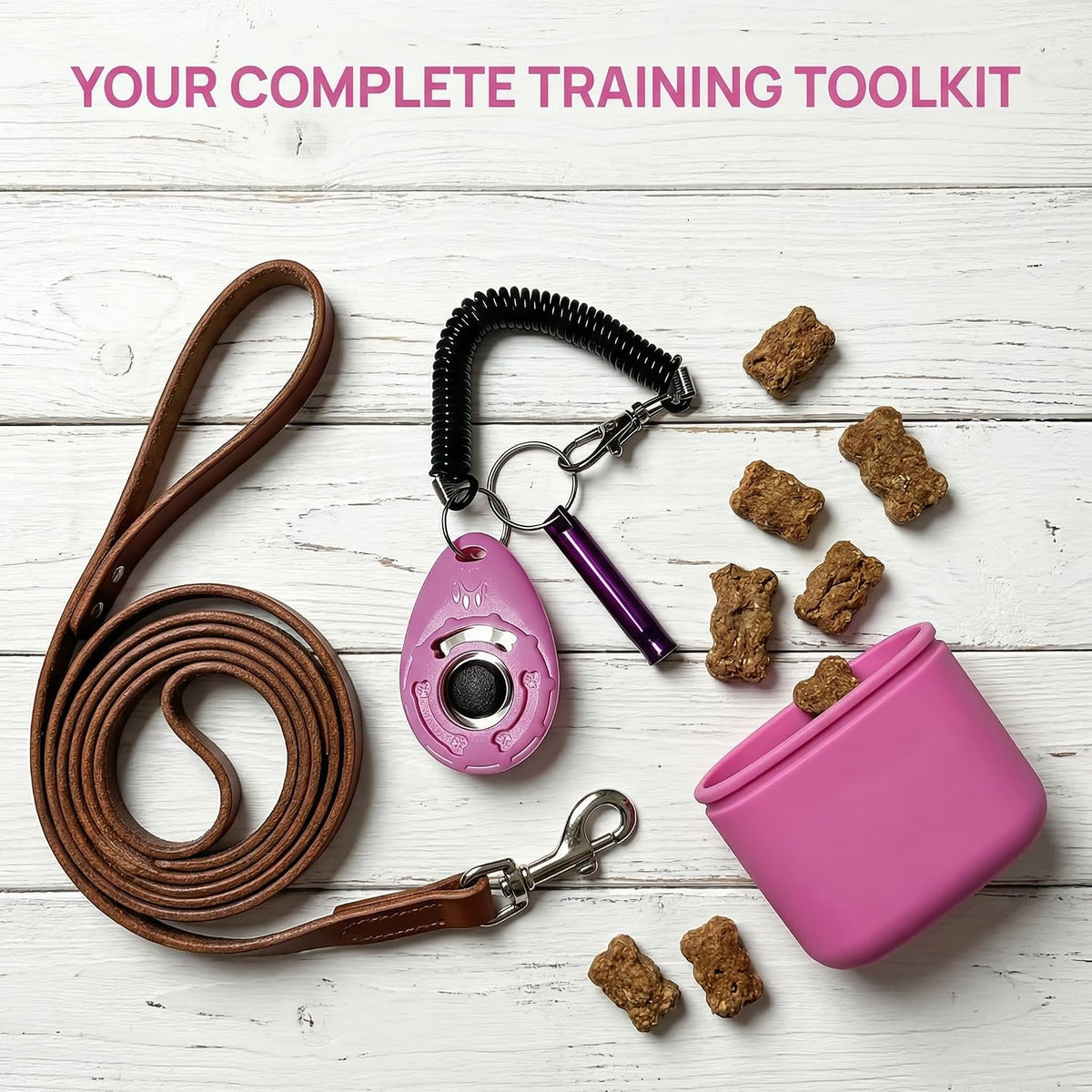 Durable plastic puppy training clicker with central button and metal clasp