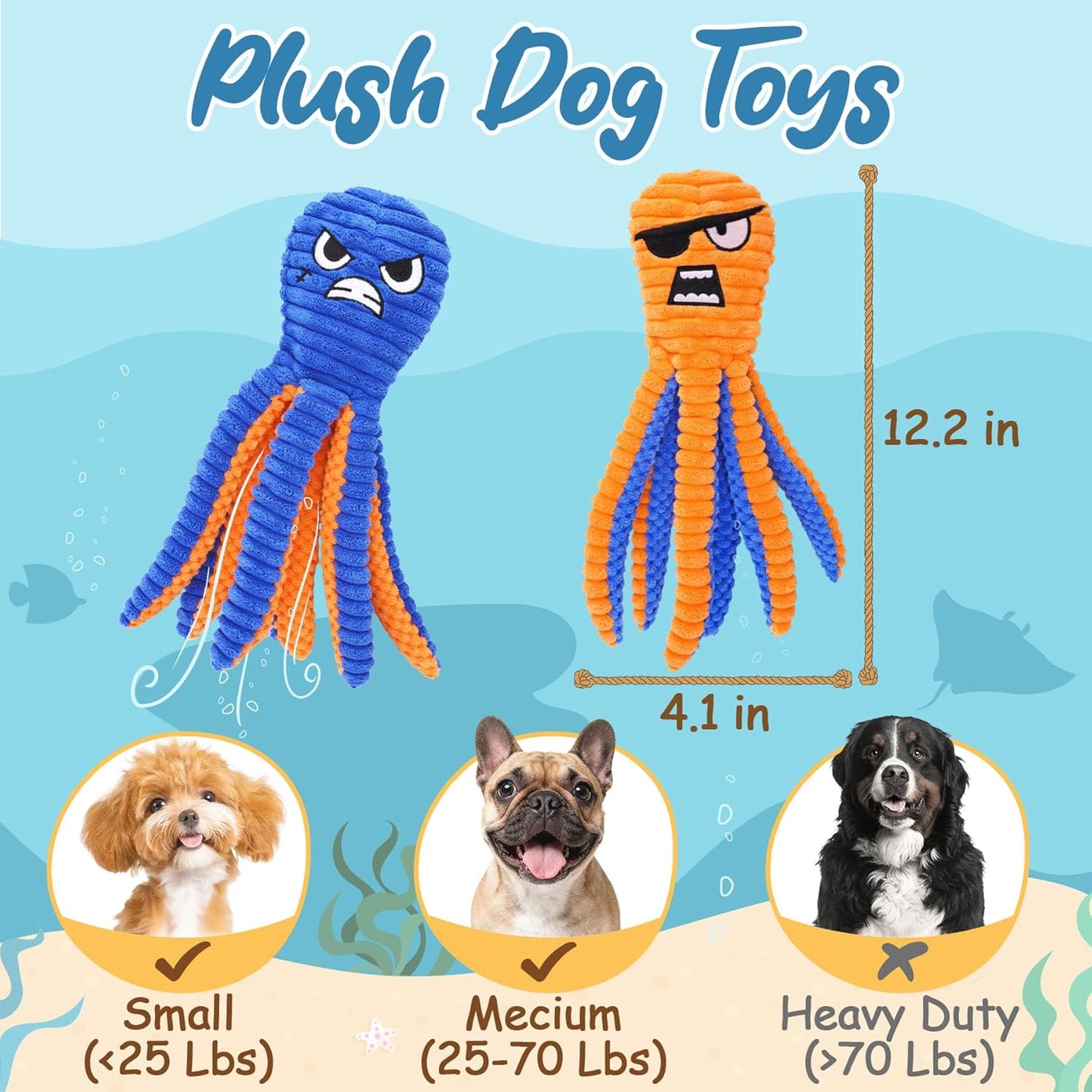 Two pack Zeaxuie squeaky octopus dog toys for small dogs