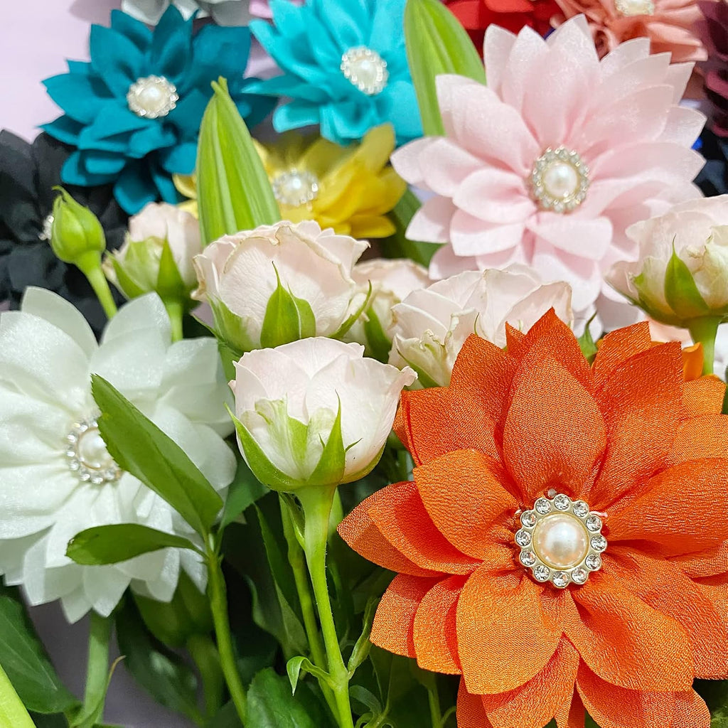 Rear view of the IVIA PET collar flower demonstrating the elastic band attachment