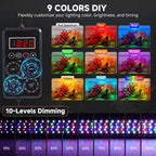 Fishkeeper full spectrum fish tank lights showing nine different color options side by side.
