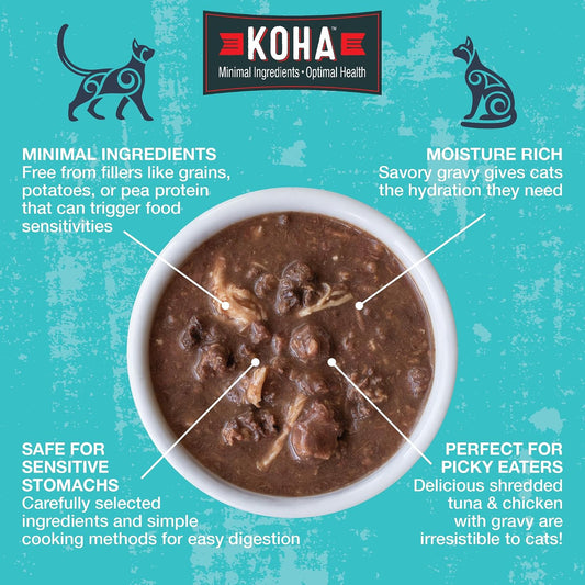 KOHA wild caught tuna wet cat food pouches displayed to show the different recipe variations including salmon and chicken.