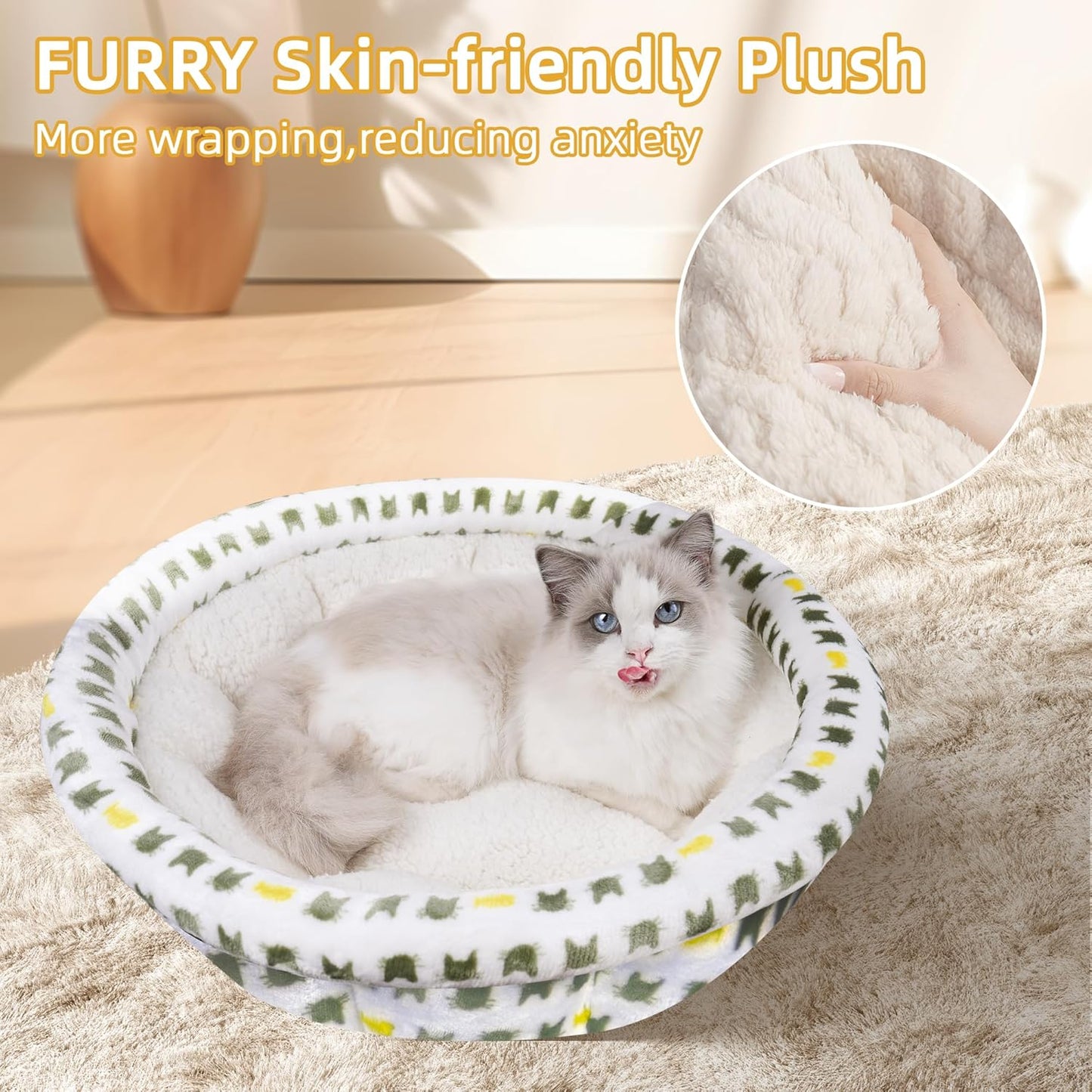 Cat curled up inside cozy Aiwikide donut cuddler