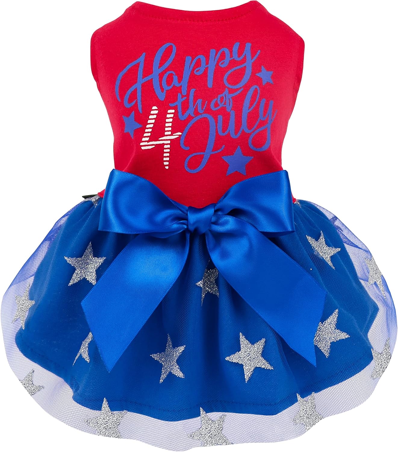 Fitwarm Happy 4th of July Dog Tulle Dress front view showing patriotic print and blue tutu skirt