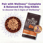 Wellness CORE beef dog food topper feeding instructions and daily dosage chart on back of bag