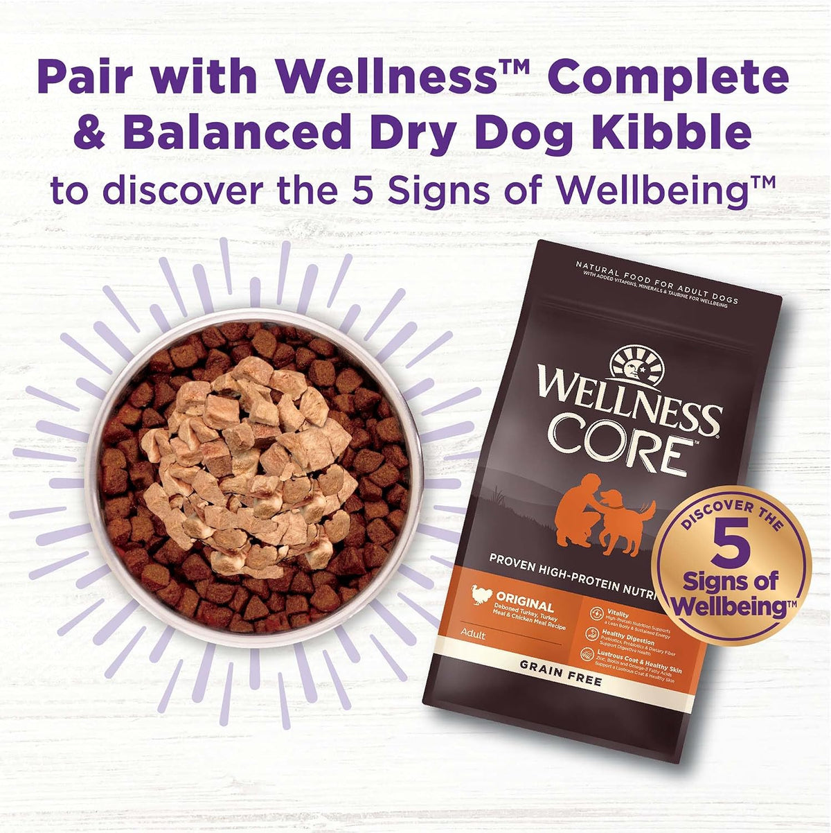 Wellness CORE beef dog food topper feeding instructions and daily dosage chart on back of bag