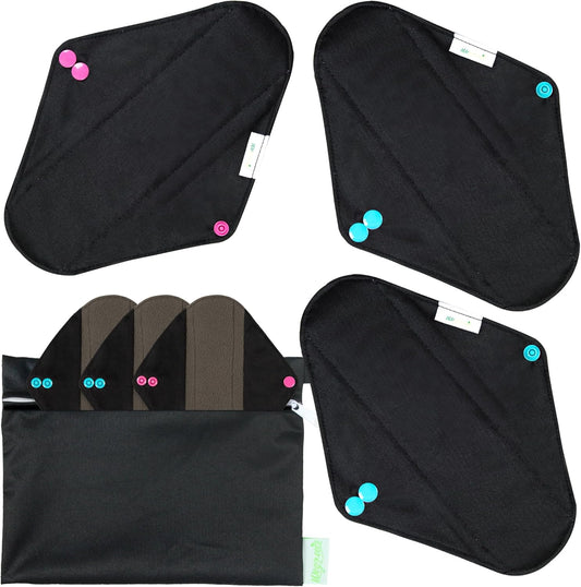Wegreeco Charcoal Reusable Menstrual Pads front view set of six black pads.