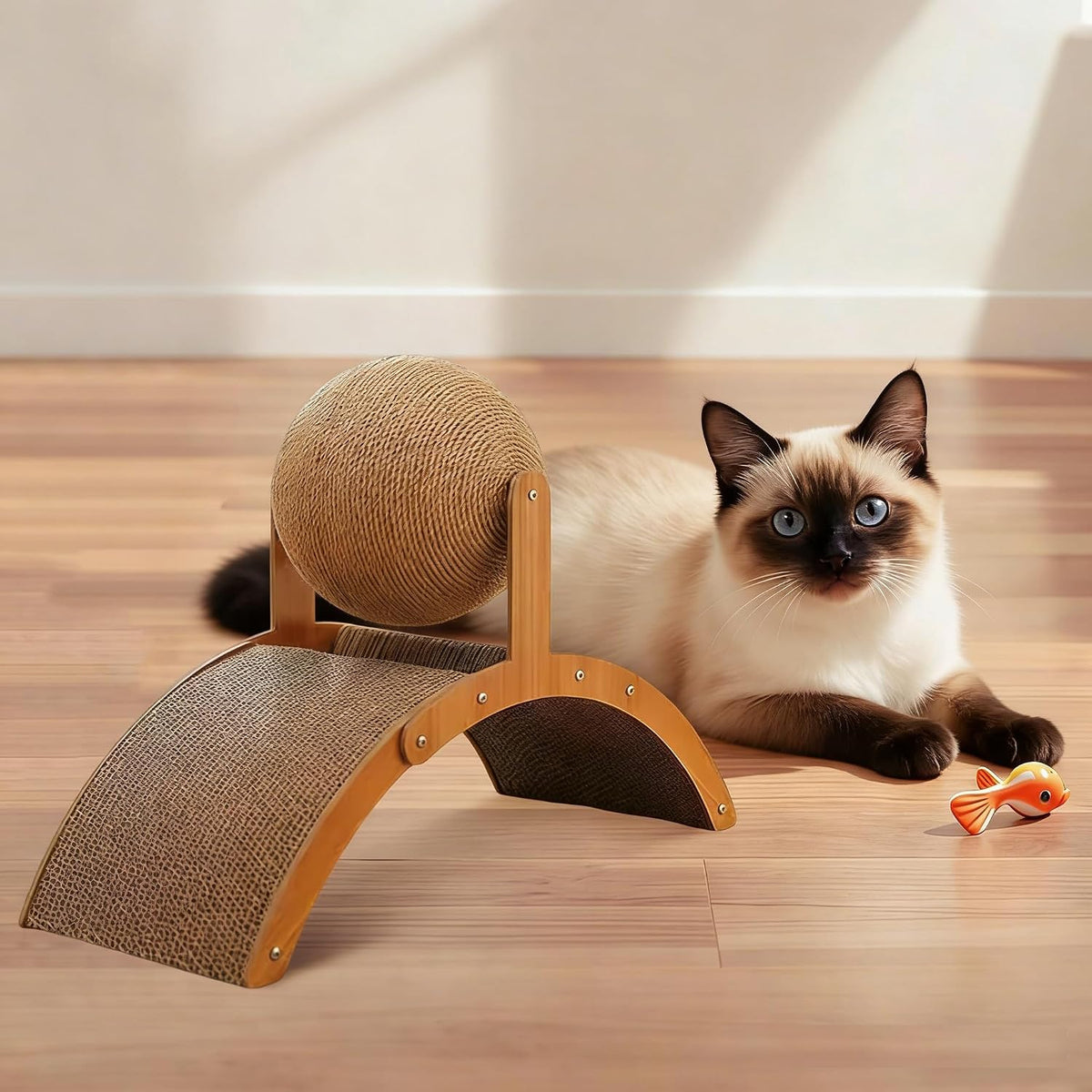 Vistora cat scratching post board with arch bridge balls side profile view
