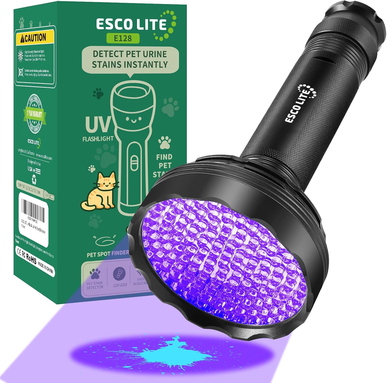 ESCO LITE 128 LED UV flashlight black light front view pet urine detector