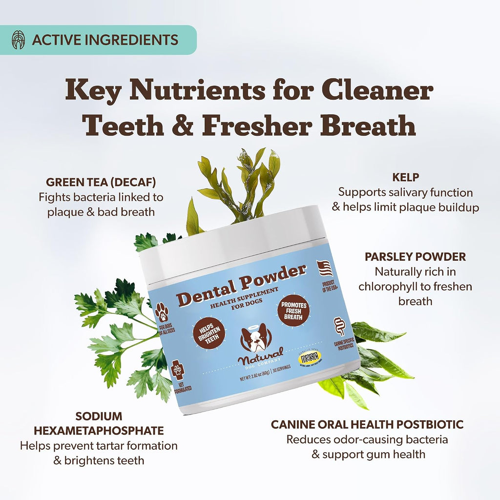Dog breath freshener supplement powder packaging highlighting natural ingredients like kelp