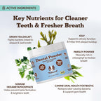 Dog breath freshener supplement powder packaging highlighting natural ingredients like kelp