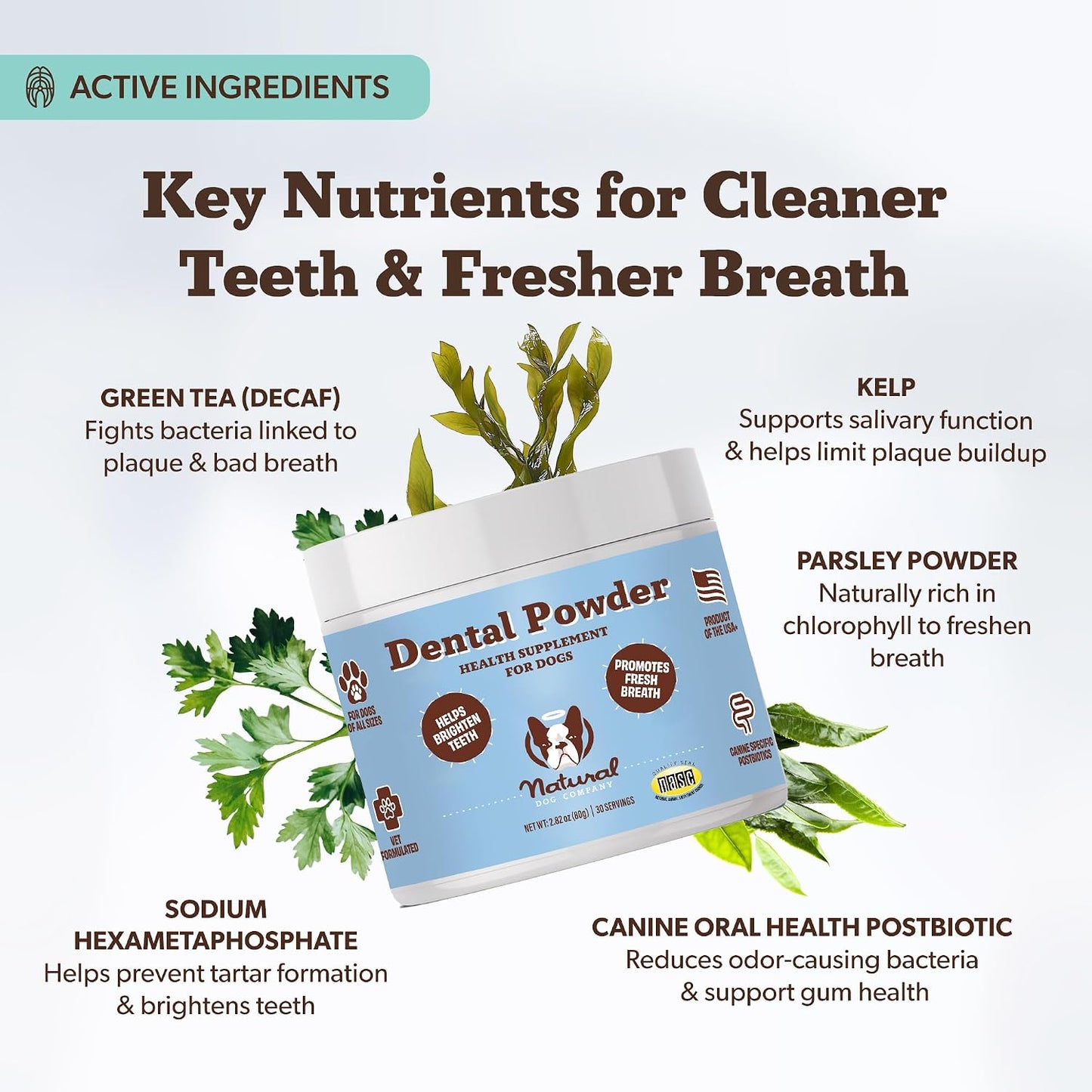 Dog breath freshener supplement powder packaging highlighting natural ingredients like kelp