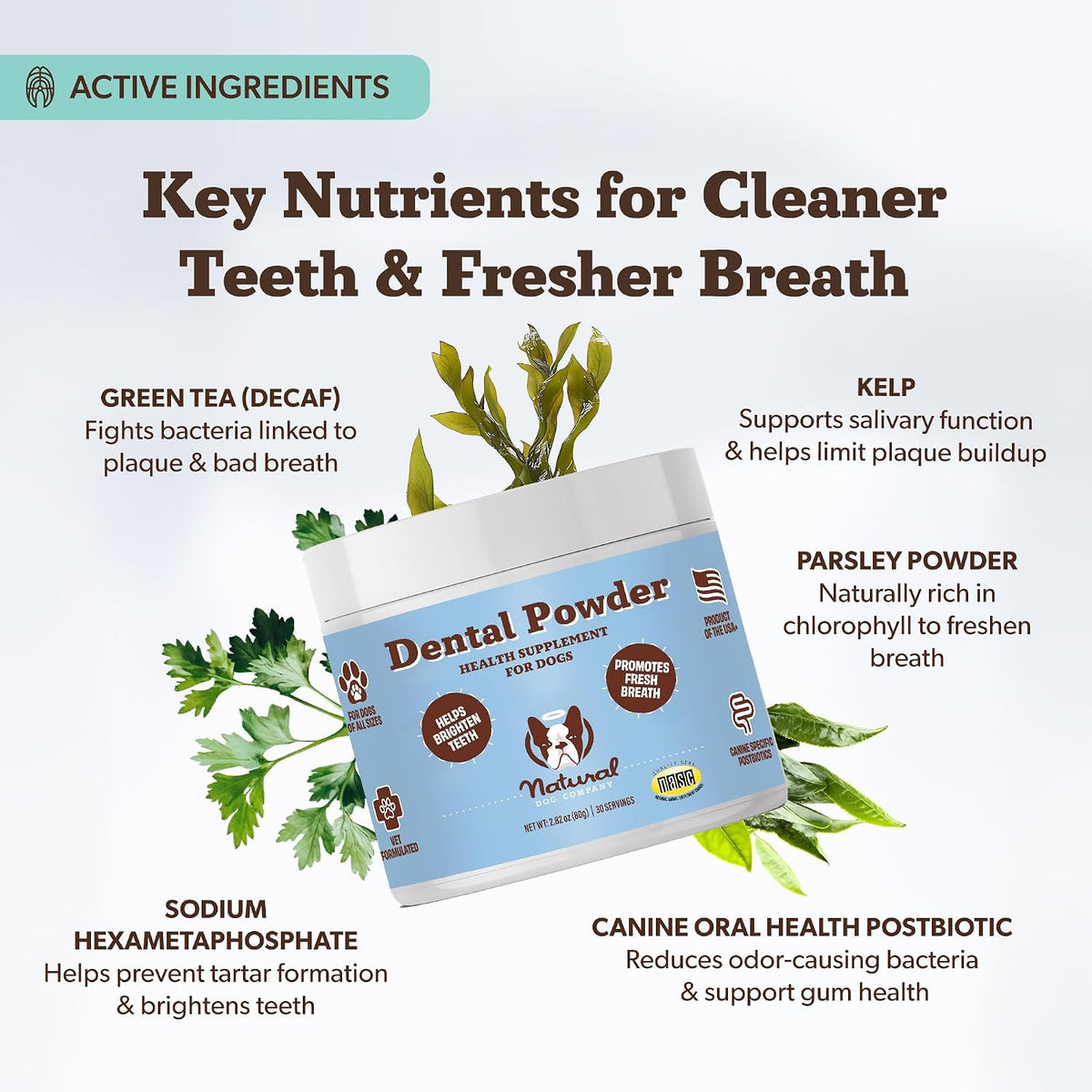 Dog breath freshener supplement powder packaging highlighting natural ingredients like kelp