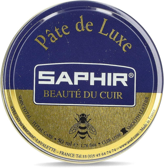Saphir Men's Pate De Luxe shoe polish black 50ml tin front view high gloss finish