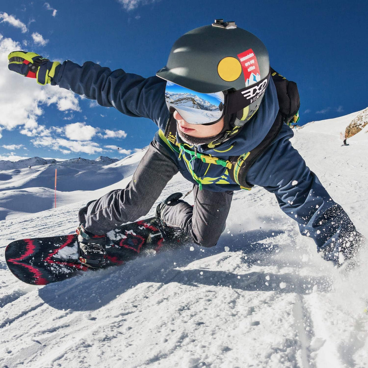EXP VISION Premium Winter Ski Goggles top view highlighting the two way airflow ventilation system.