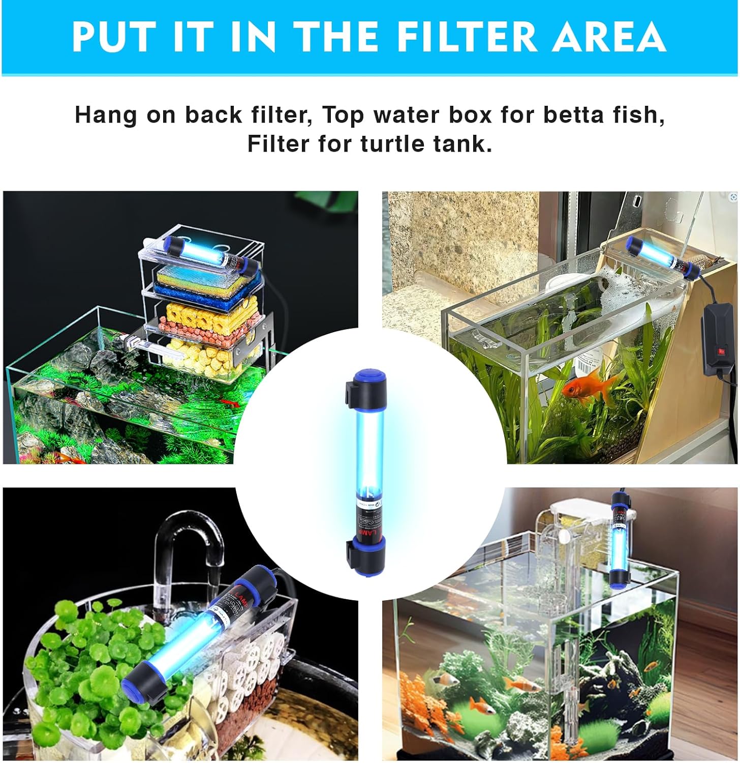 Submersible UVC sterilizer light layout with mounting suction cups