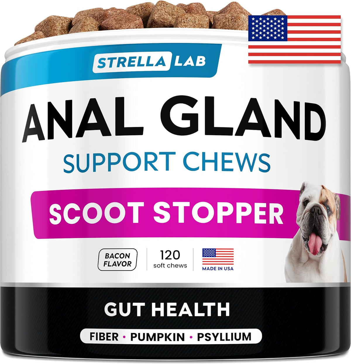 STRELLALAB Anal Gland Support Chews front container view for premium dog digestive care