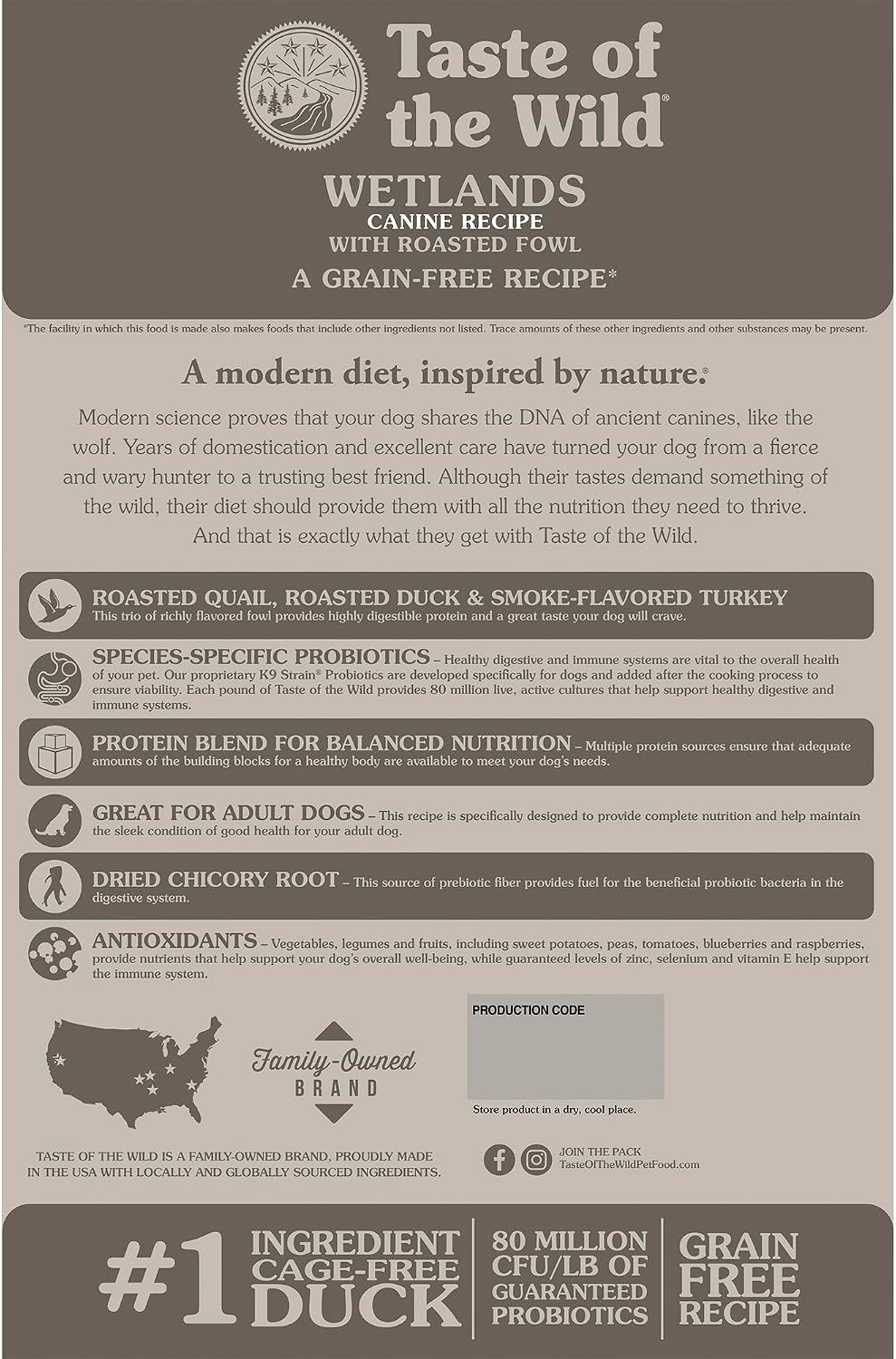 Taste of the Wild roasted fowl grain free premium dog food nutritional information panel