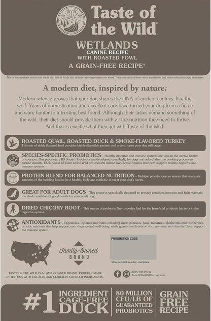 Taste of the Wild roasted fowl grain free premium dog food nutritional information panel