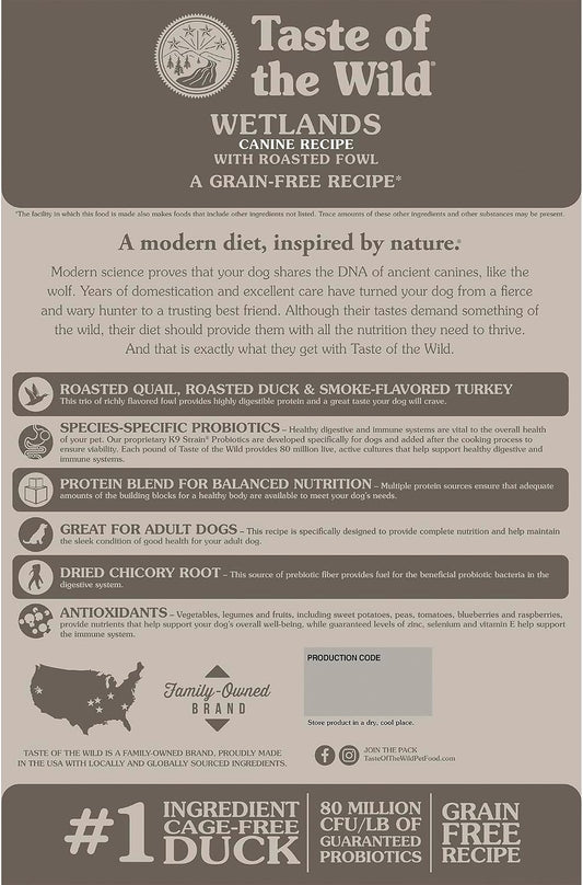 Taste of the Wild roasted fowl grain free premium dog food nutritional information panel