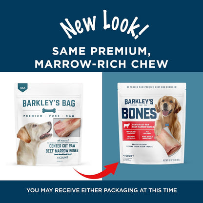 Barkley's raw beef marrow bones 4 count bag packaging details