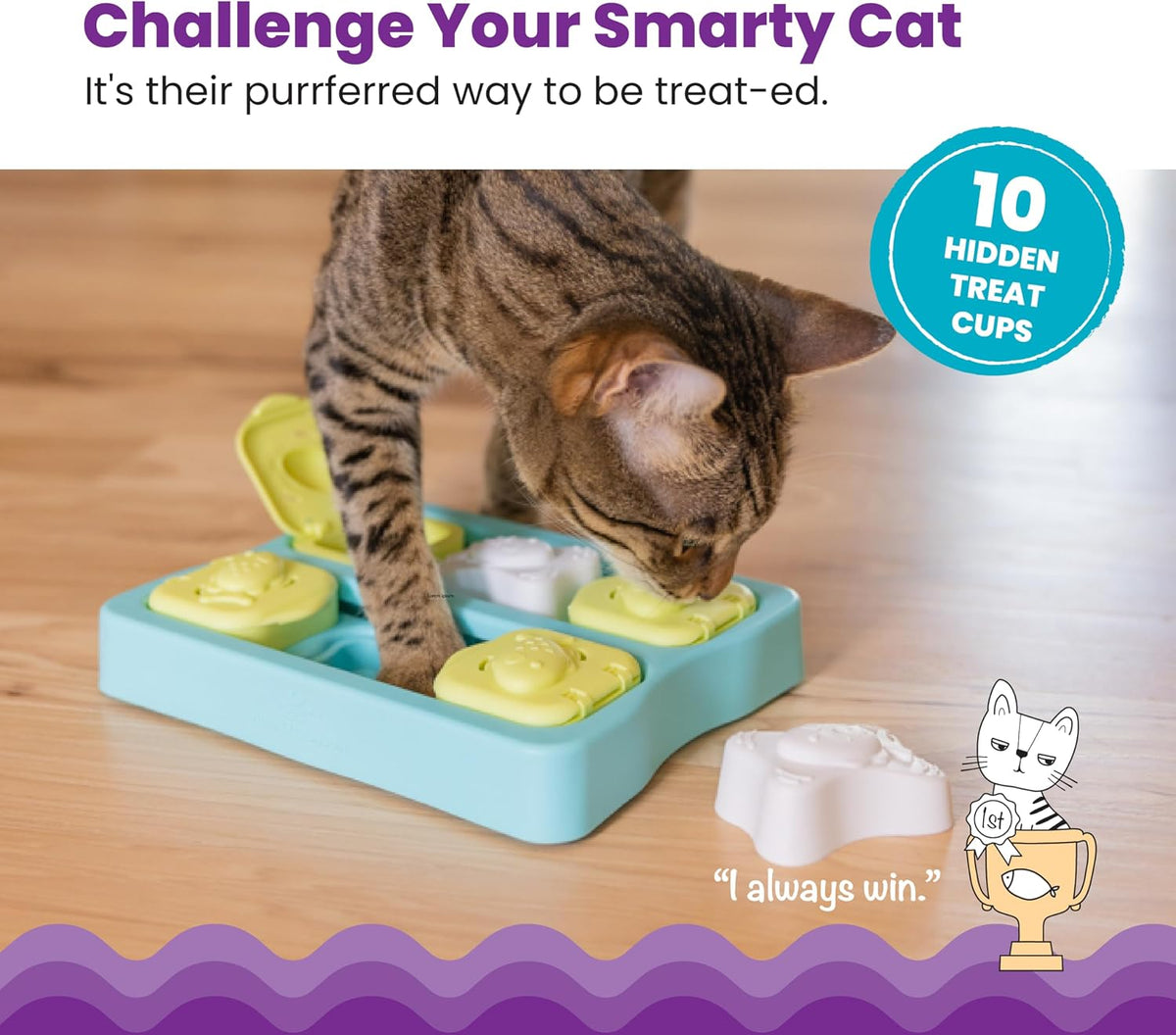 Catstages Kitty Cube slow feeder puzzle toy filled with dry cat food kibble