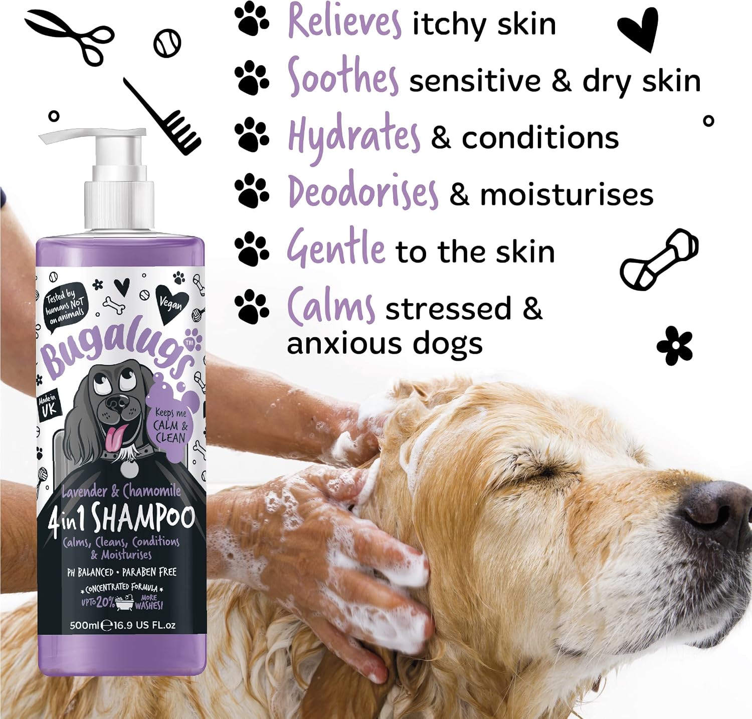 Bugalugs lavender and chamomile dog shampoo for smelly dogs formula label