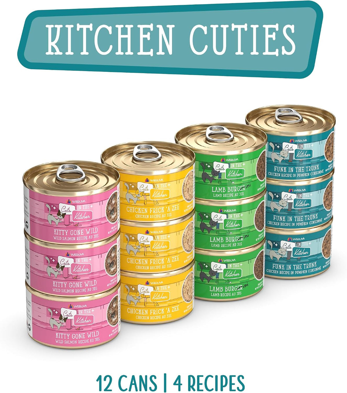 Close-up of individual 3.2 Ounce cans from the Weruva variety pack