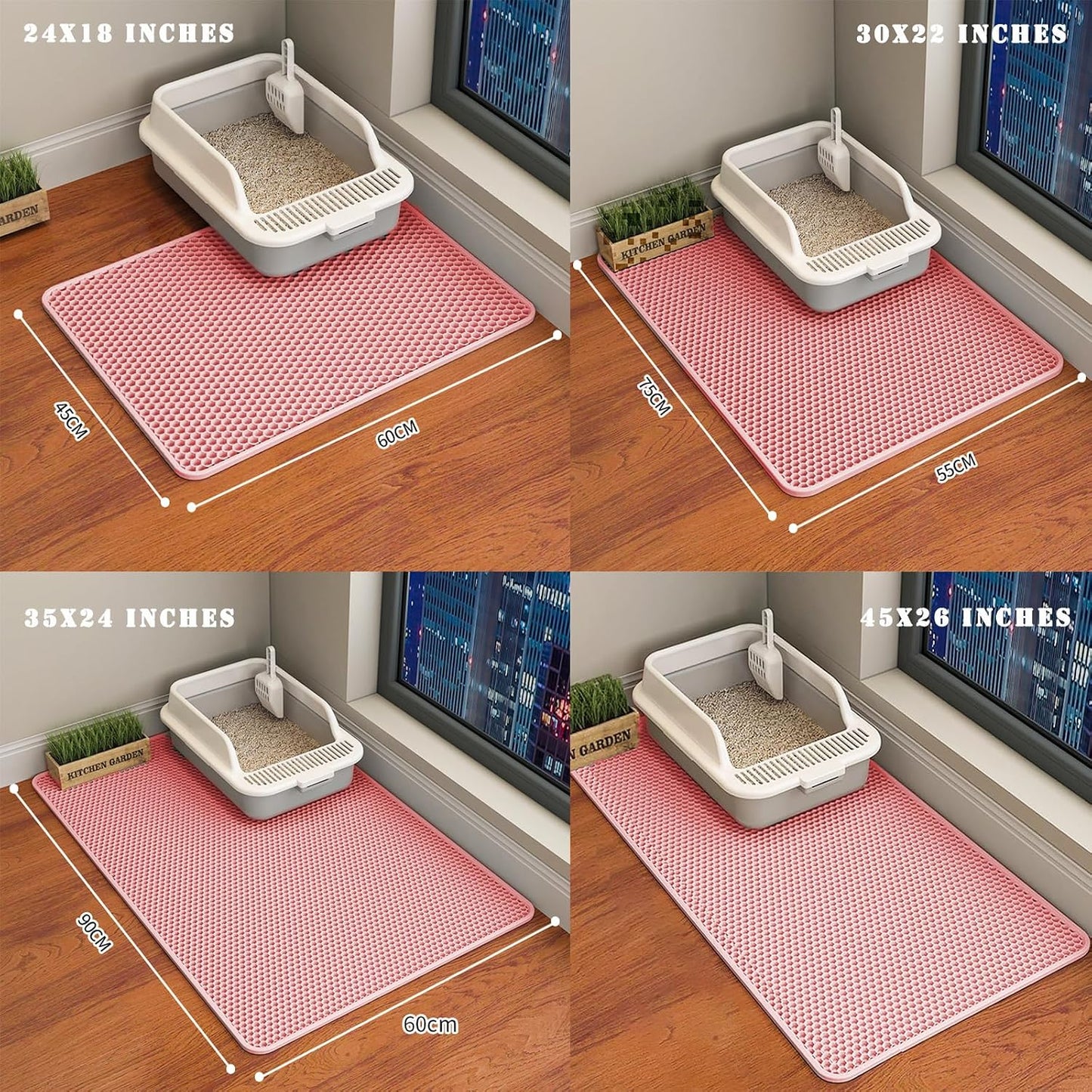 Pet safe non-toxic pink litter trapping mat in a modern home setup.