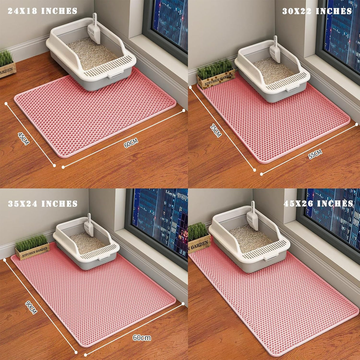 Pet safe non-toxic pink litter trapping mat in a modern home setup.
