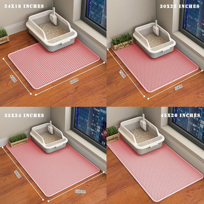 Pet safe non-toxic pink litter trapping mat in a modern home setup.