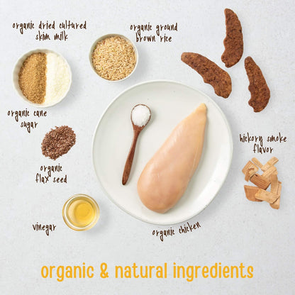 Back of Full Moon organic chicken jerky bag showing ingredients