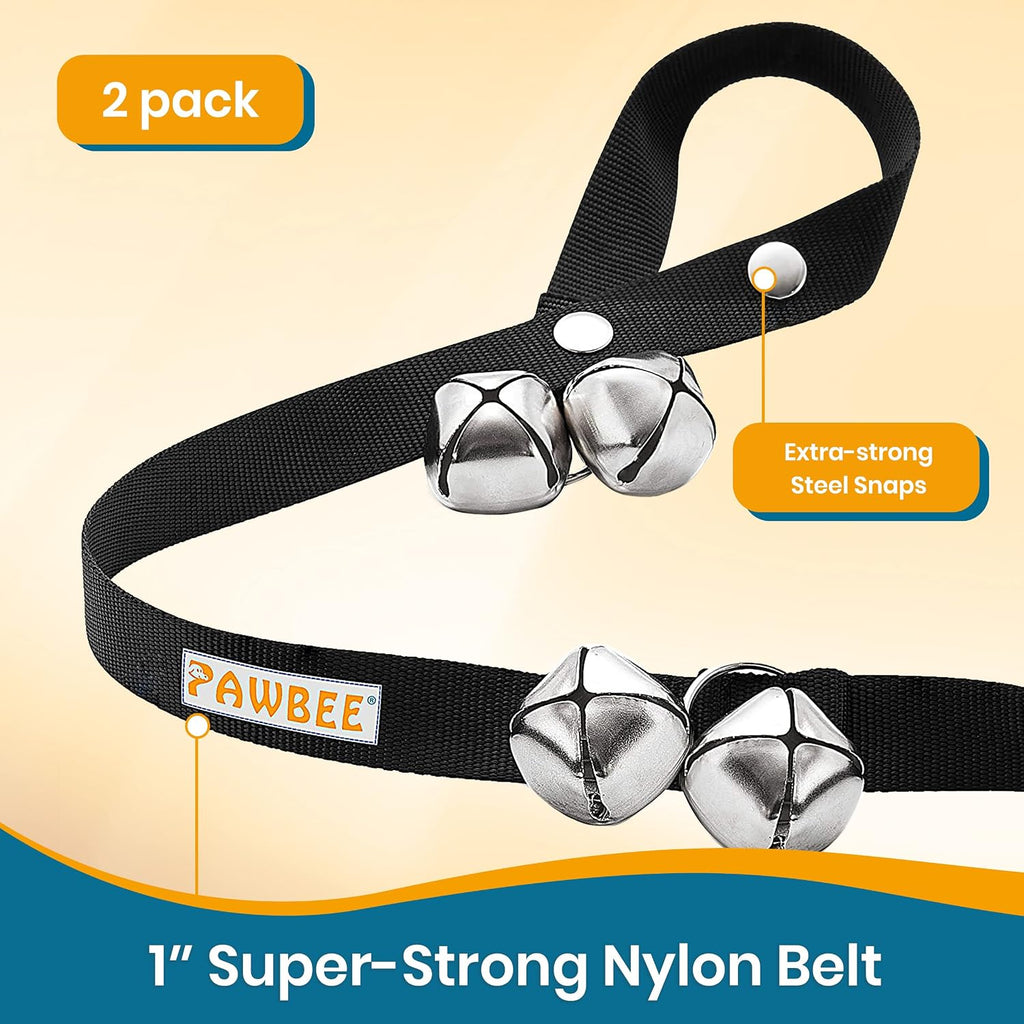 Close up of 7 extra loud stainless steel jingle bells on nylon strap