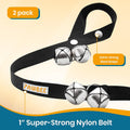 Close up of 7 extra loud stainless steel jingle bells on nylon strap