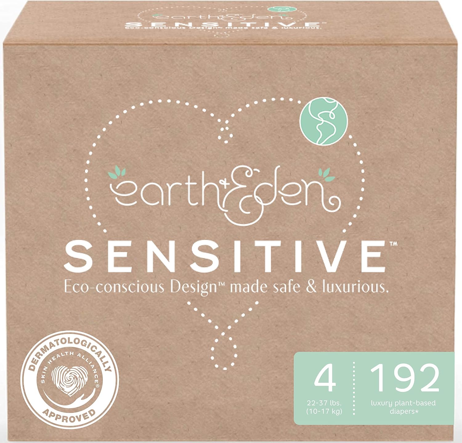 Earth And Eden Sensitive baby diapers size four 192 count front view packaging for premium hypoallergenic infant care.