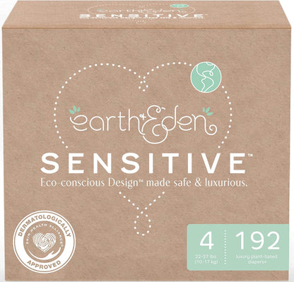 Earth And Eden Sensitive baby diapers size four 192 count front view packaging for premium hypoallergenic infant care.