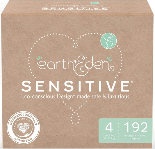 Earth And Eden Sensitive baby diapers size four 192 count front view packaging for premium hypoallergenic infant care.