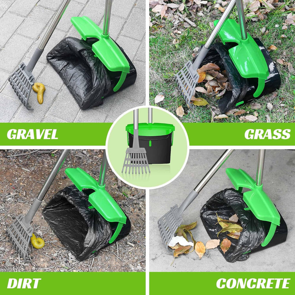 Heavy duty pet waste bin and rake set being used on thick lawn grass.