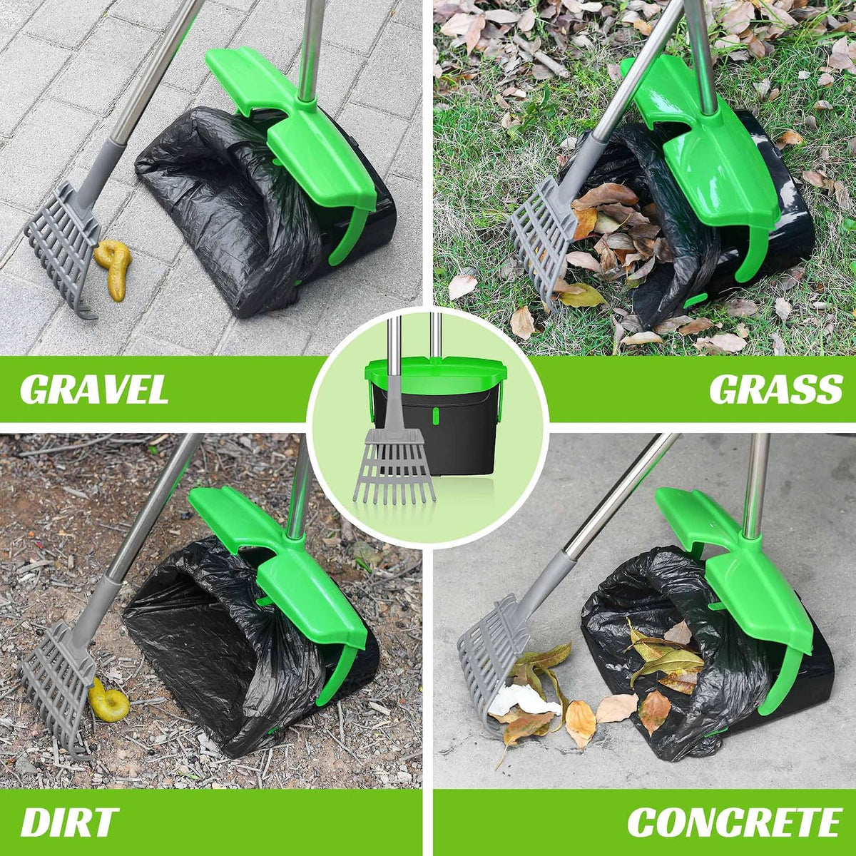 Heavy duty pet waste bin and rake set being used on thick lawn grass.