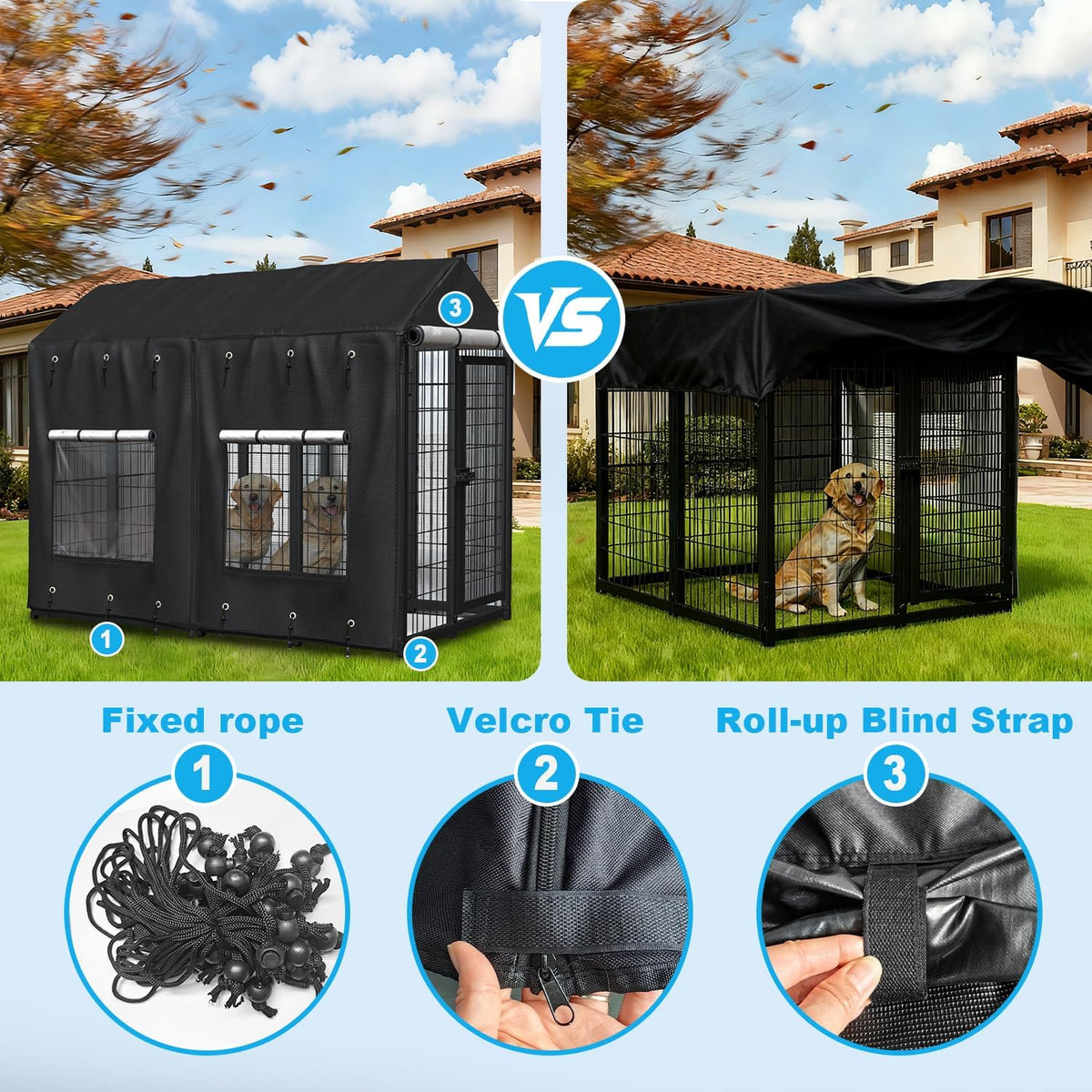 Black full coverage dog run tarp showing mesh ventilation grids