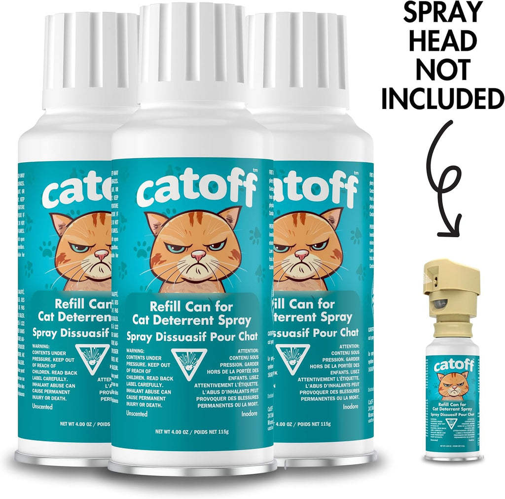 Three pack of CatOFF automated cat training spray refills positioned upright on a flat surface.