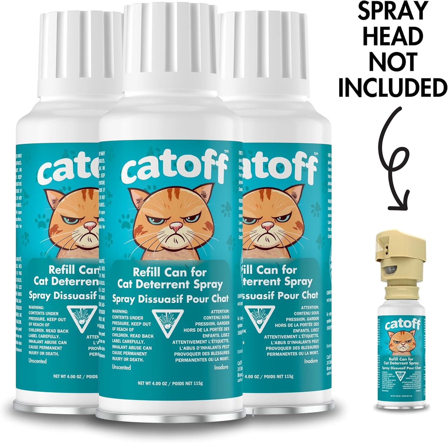 Three pack of CatOFF automated cat training spray refills positioned upright on a flat surface.