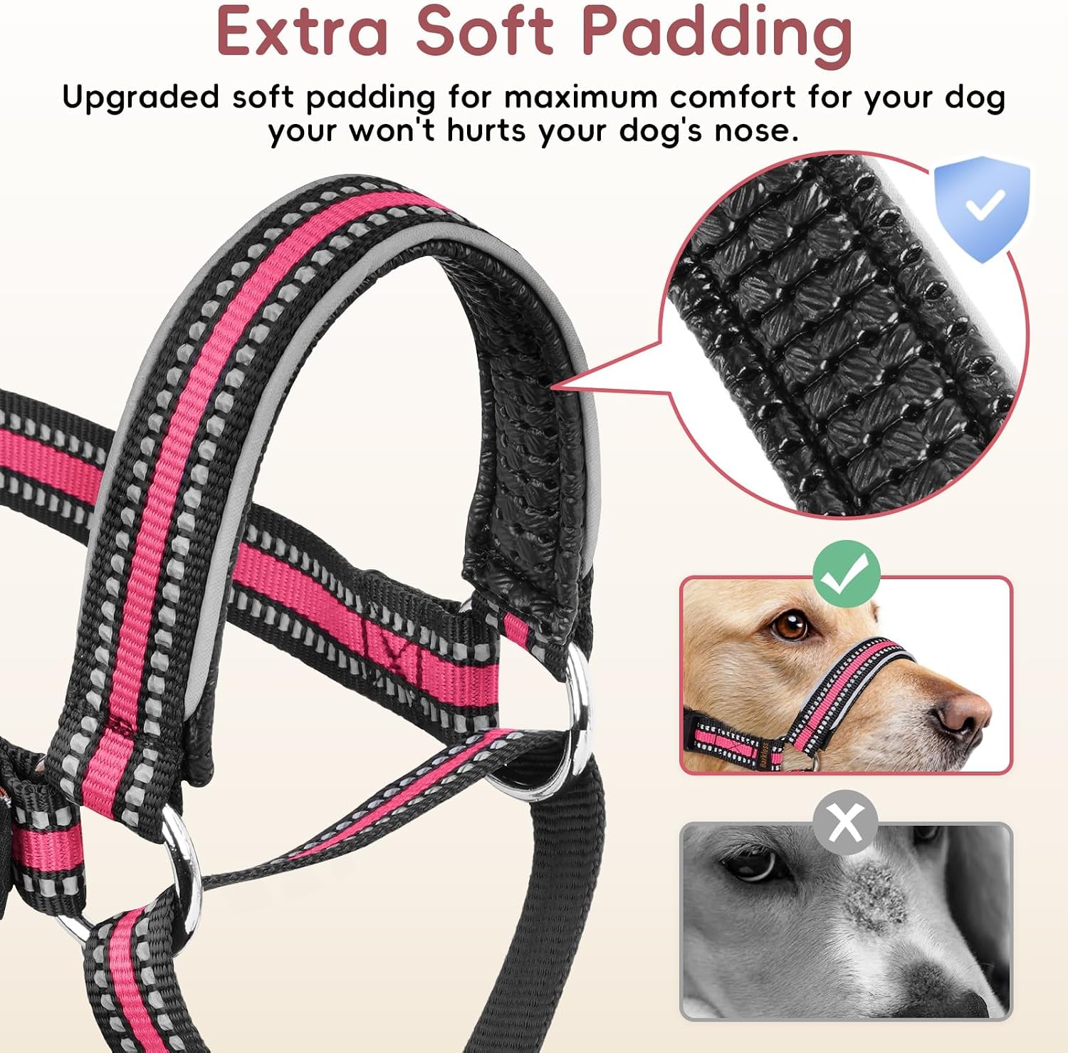 Barkless anti pull head halter showing reflective padding material