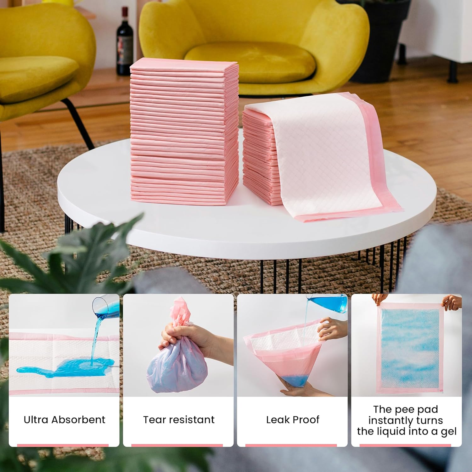 Absorbent disposable puppy pee pads pink color layout