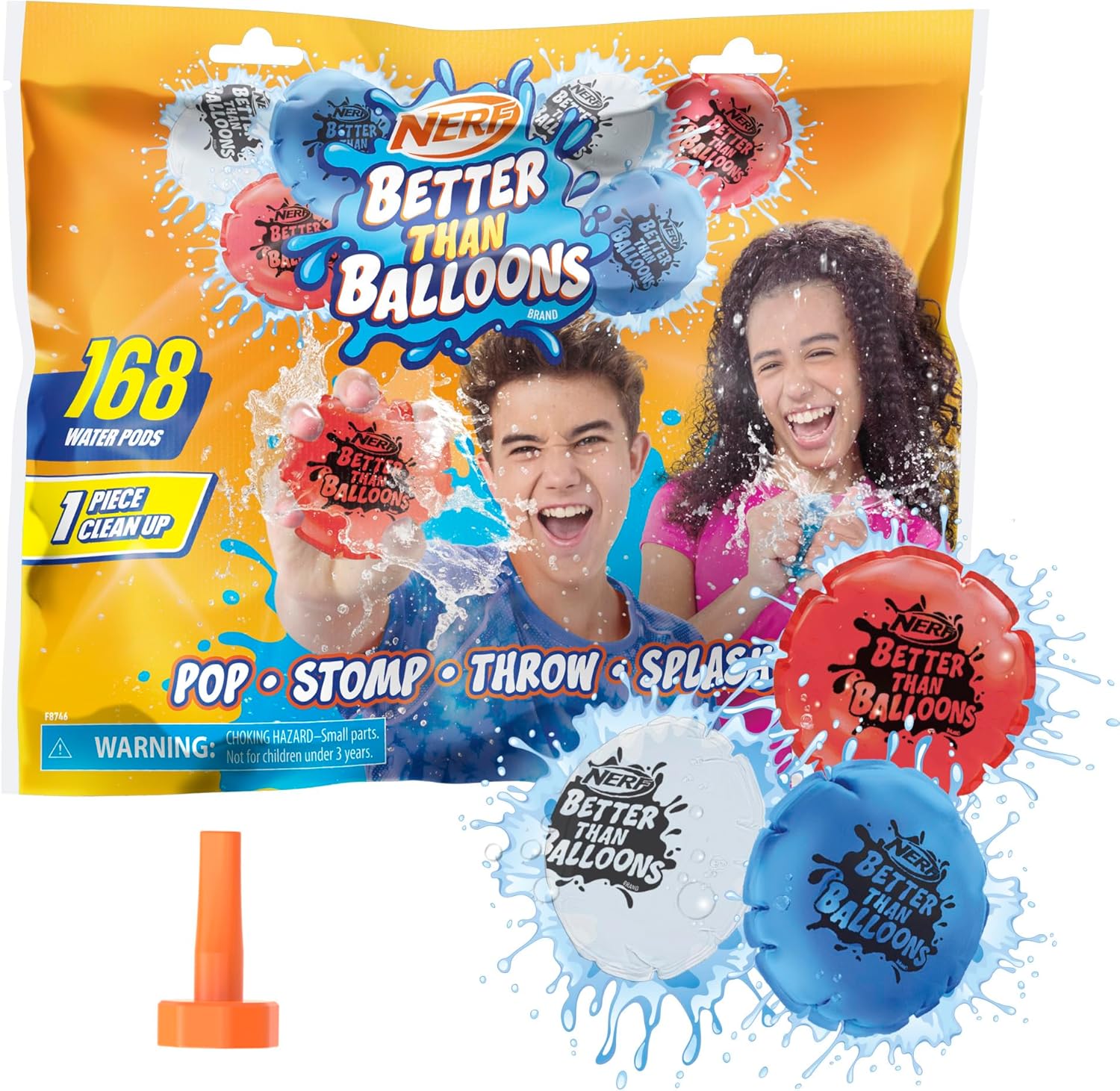 Nerf Better Than Balloons water pods front view package showing red white and blue sheets for backyard games.