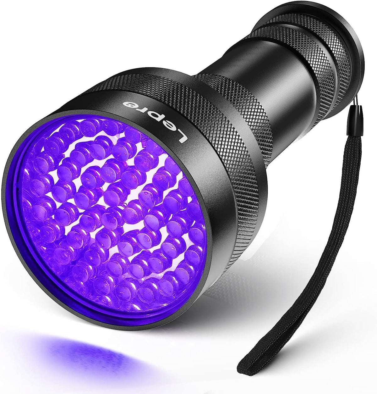 Lepro 51 LED UV Light Handheld Blacklight front view illuminating a dark surface.