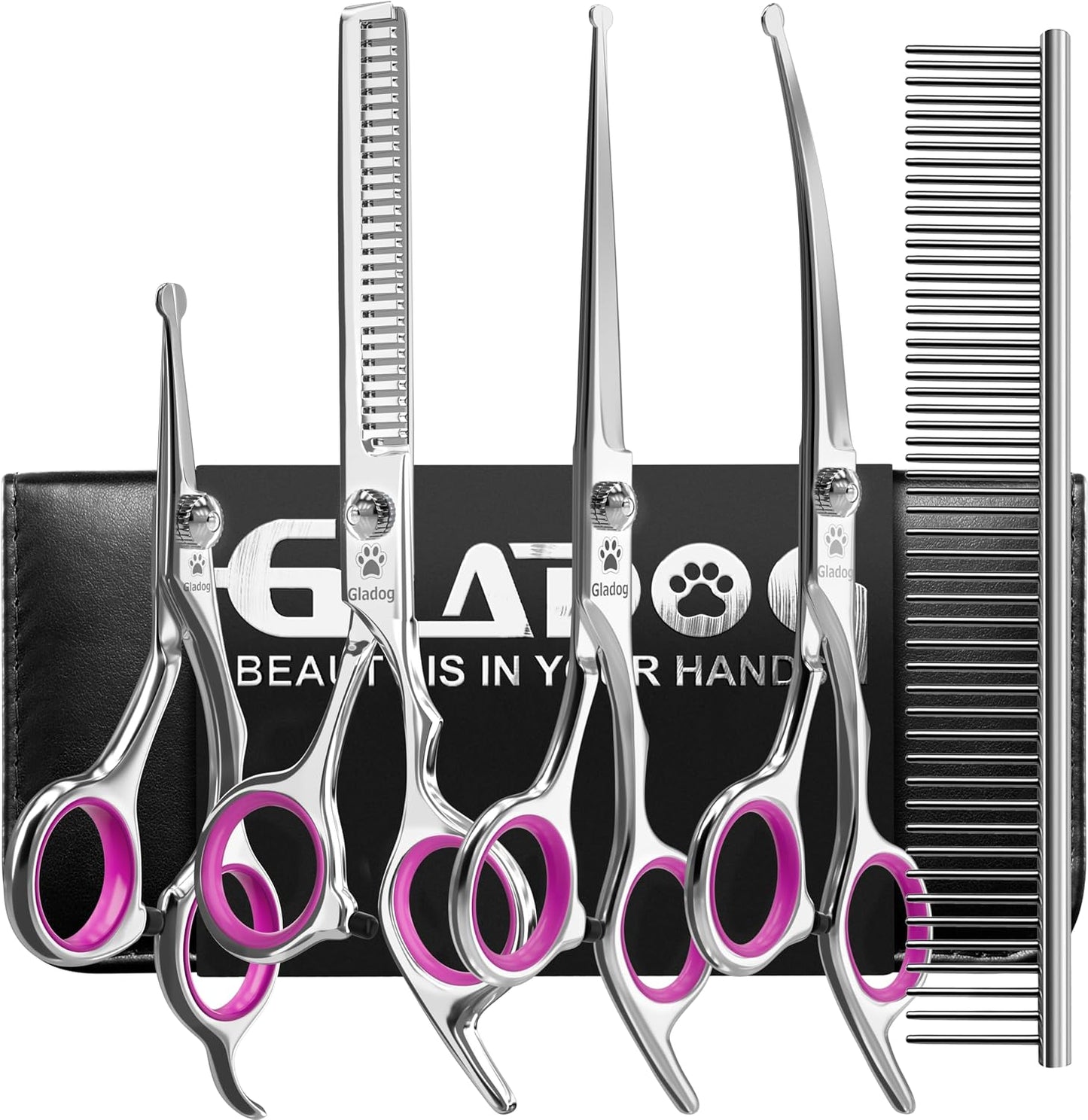 Ergonomic handle detail of GLADOG dog shears featuring comfort finger rings and silent rubber bumper